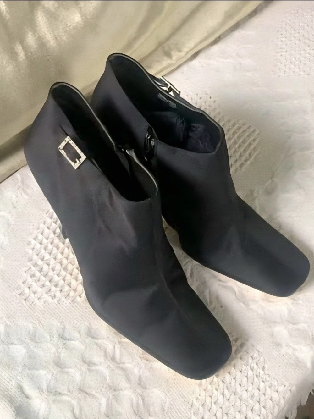 Vintage Black Satin Ankle Boots ~ Rhinestone Buckle ~Square Toe Flared Heel Boot